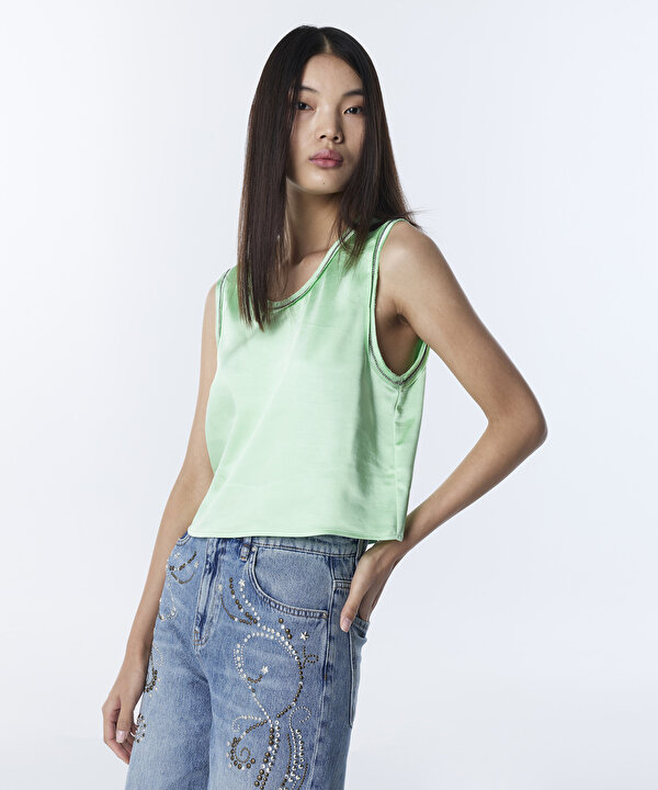 SATEN DOKULU RAW EDGE BLUZ-TS1260006071013-Mint Yeşili-Bluz