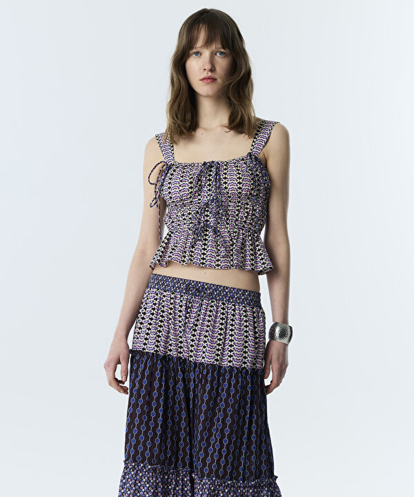 DESENLİ PEPLUM BLUZ-TS1260006098008-Mürdüm-Bluz