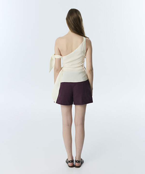 ASİMETRİK BAĞLAMALI BASKILI BLUZ-TS1260006103082-Krem-Bluz