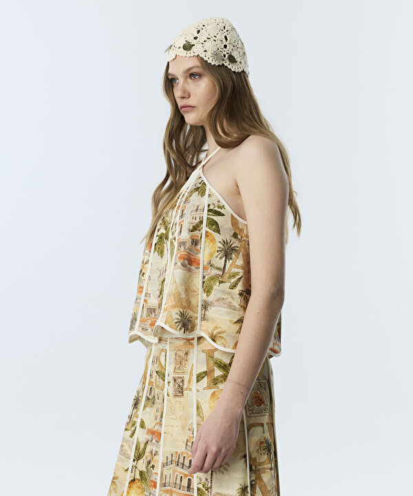 GÖRSEL BASKILI HALTER YAKA BLUZ-TS1260006104023-Bej-Bluz