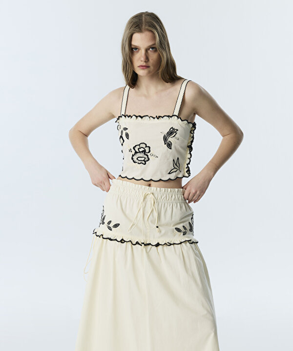 NAKIŞLI POPLİN BLUZ-TS1260006108018-Ekru-Bluz