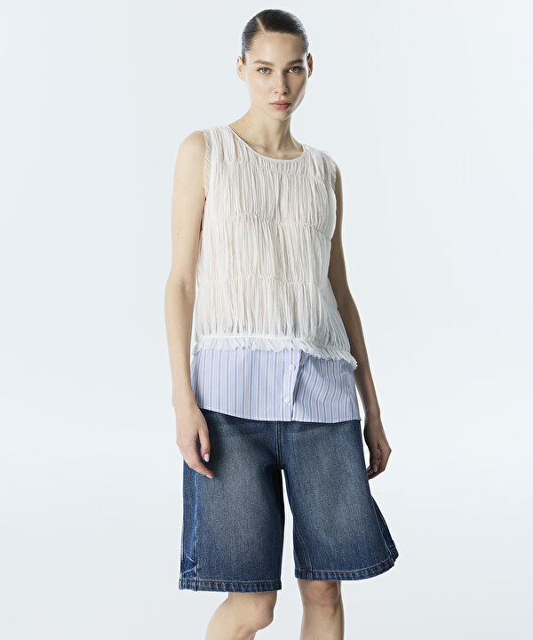 POPLİN MIX KIRIŞIK EFEKTLİ BLUZ-TS1260006151018-Ekru-Bluz