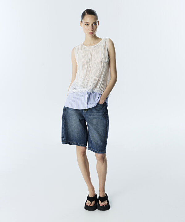 POPLİN MIX KIRIŞIK EFEKTLİ BLUZ-TS1260006151018-Ekru-Bluz