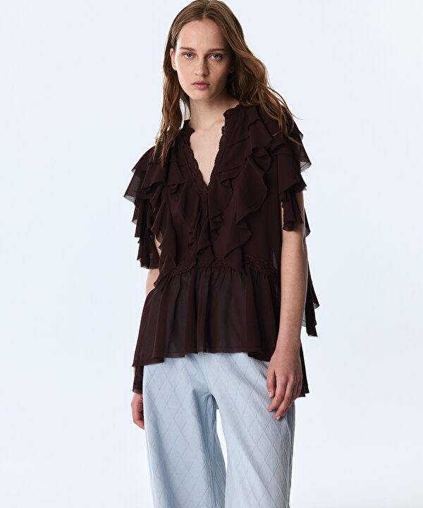 VOLANLI BLUZ-TS1260006264074-Kahverengi-Bluz