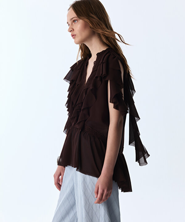 VOLANLI BLUZ-TS1260006264074-Kahverengi-Bluz