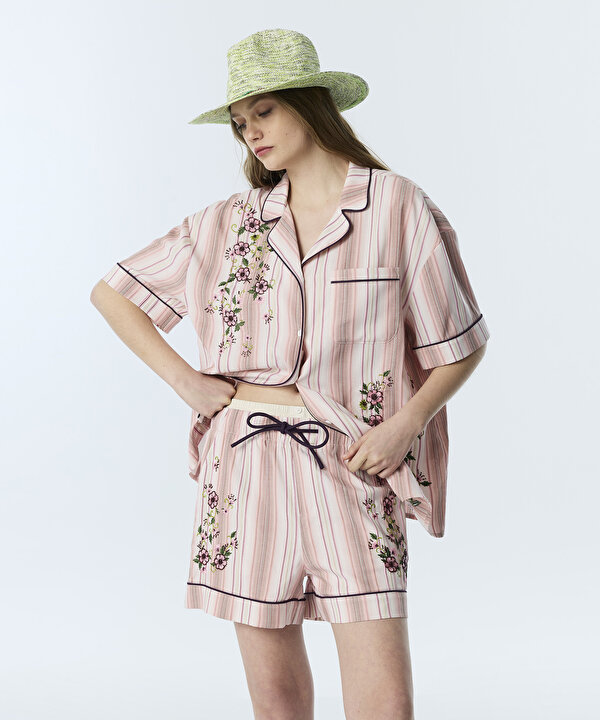 FLORAL NAKIŞLI ÇİZGİLİ ŞORT-TS1260013020033-Pembe-Şort