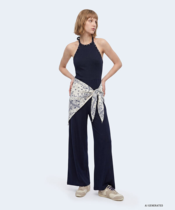 ÇIKARILABİLİR FULARLI HALTER YAKA TULUM-TS1260014042015-Lacivert-Tulum