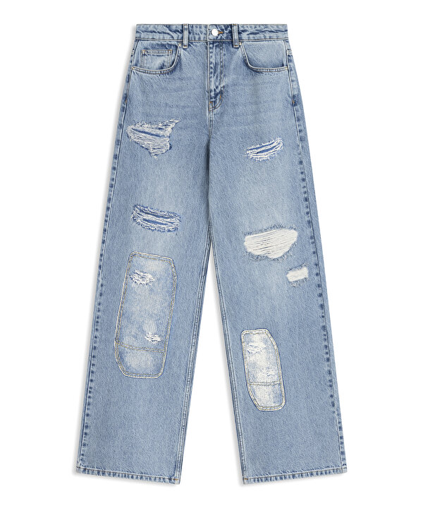 ESKİTME EFEKTLİ WIDE LEG JEAN PANTOLON-TS1260018006629-İndigo-Jean Pantolon