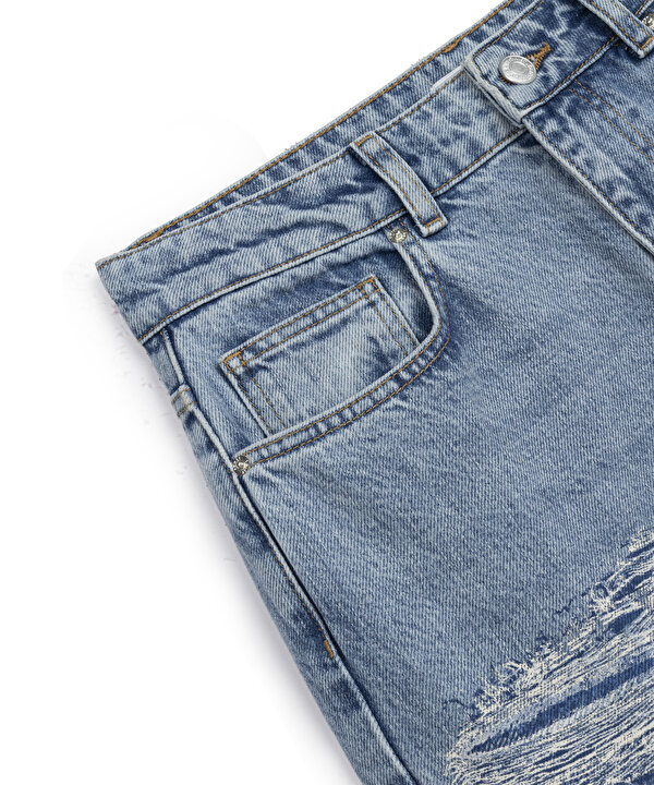 ESKİTME EFEKTLİ WIDE LEG JEAN PANTOLON-TS1260018006629-İndigo-Jean Pantolon
