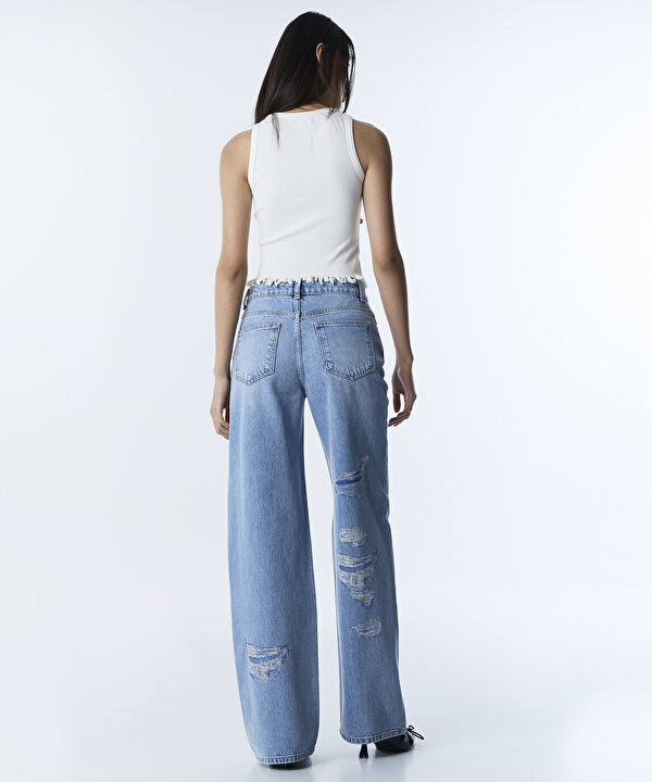 ESKİTME EFEKTLİ WIDE LEG JEAN PANTOLON-TS1260018006629-İndigo-Jean Pantolon