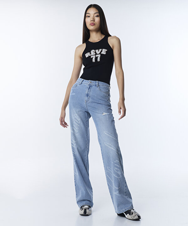 SLOGAN VE HOTFIX BASKILI JEAN PANTOLON-TS1260018008629-İndigo-Jean Pantolon
