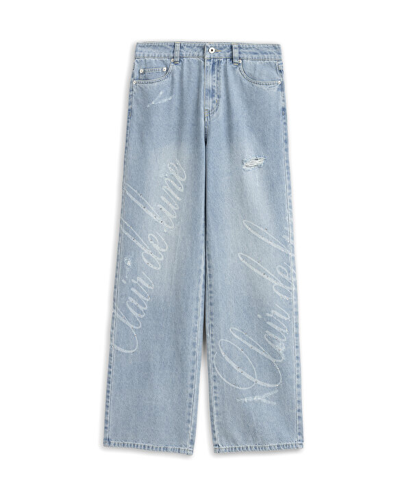 SLOGAN VE HOTFIX BASKILI JEAN PANTOLON-TS1260018008629-İndigo-Jean Pantolon