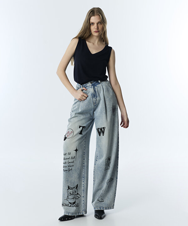 SLOGAN VE HOTFIX BASKILI JEAN PANTOLON-TS1260018019CC2-Açık İndigo-Jean Pantolon