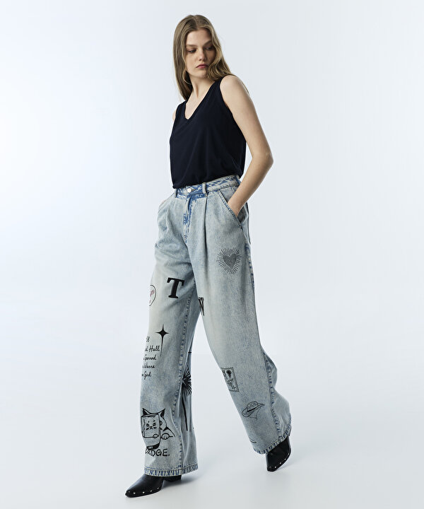 SLOGAN VE HOTFIX BASKILI JEAN PANTOLON-TS1260018019CC2-Açık İndigo-Jean Pantolon