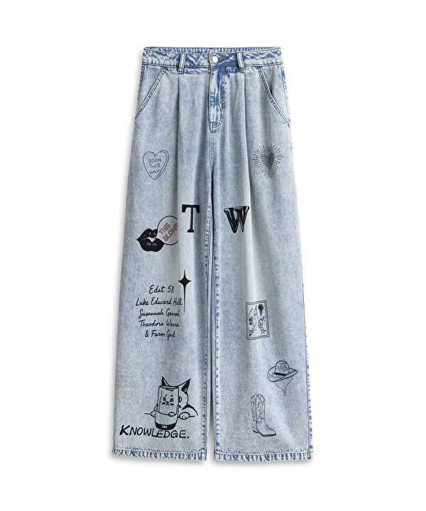 SLOGAN VE HOTFIX BASKILI JEAN PANTOLON-TS1260018019CC2-Açık İndigo-Jean Pantolon