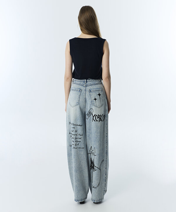 SLOGAN VE HOTFIX BASKILI JEAN PANTOLON-TS1260018019CC2-Açık İndigo-Jean Pantolon