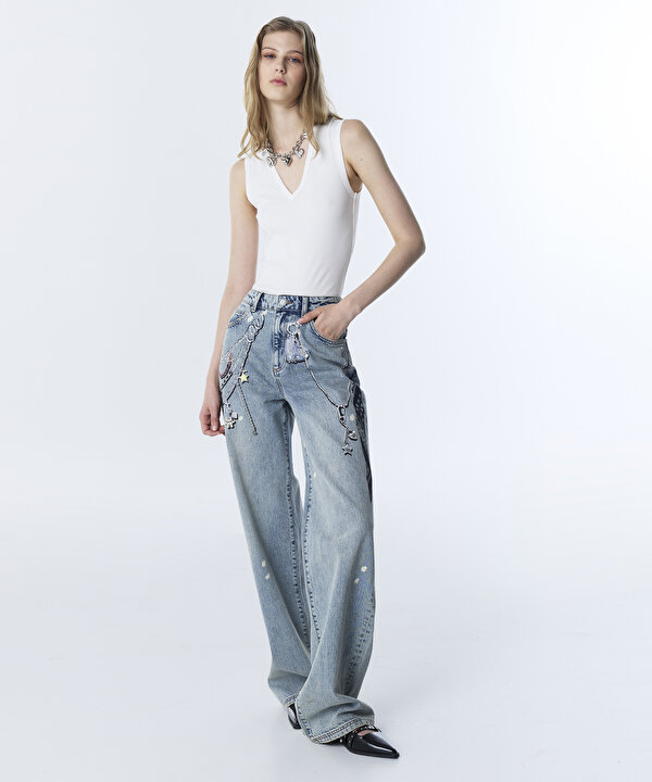 GÖRSEL BASKILI JEAN PANTOLON-TS1260018030CC2-Açık İndigo-Jean Pantolon