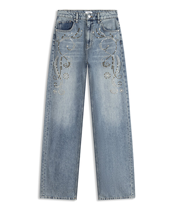 HOTFIX VE TROK BASKILI JEAN PANTOLON-TS1260018032629-İndigo-Jean Pantolon
