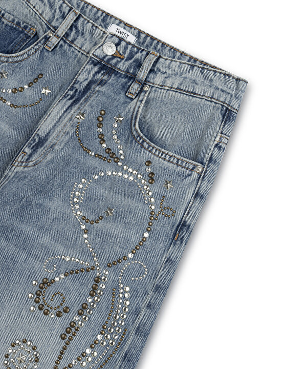 HOTFIX VE TROK BASKILI JEAN PANTOLON-TS1260018032629-İndigo-Jean Pantolon