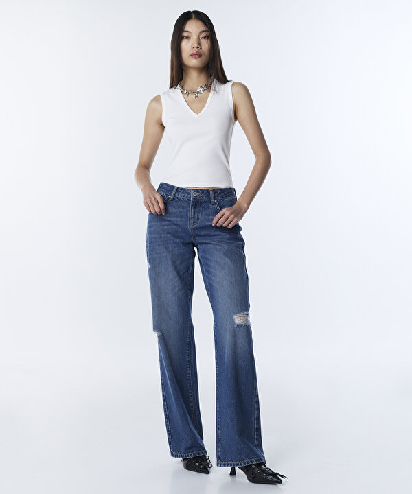 ESKİTME EFEKTLİ JEAN PANTOLON-TS1260018037AC7-Koyu İndigo-Jean Pantolon