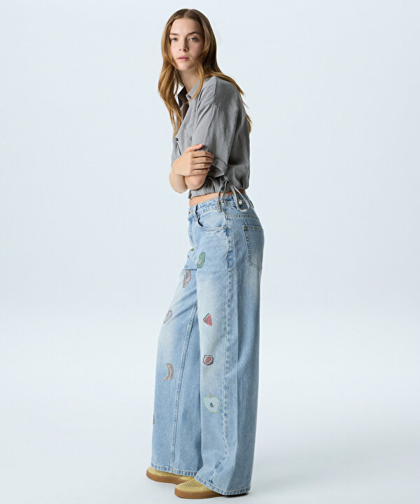 HOTFIX BASKILI JEAN PANTOLON-TS1260018045CC2-Açık İndigo-Jean Pantolon
