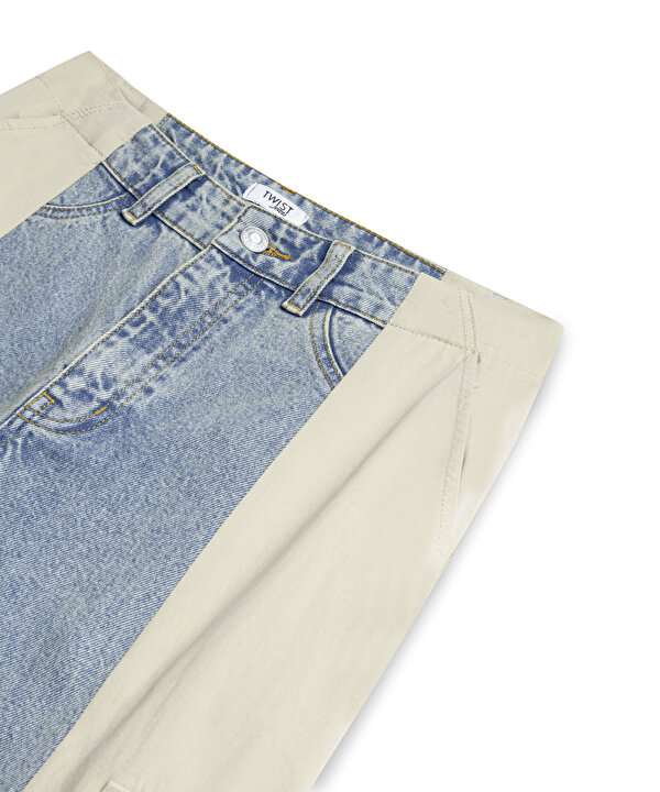 KUMAŞ MIX COLORBLOCK JEAN PANTOLON-TS1260018046CC2-Açık İndigo-Jean Pantolon