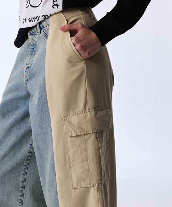 KUMAŞ MIX COLORBLOCK JEAN PANTOLON-TS1260018046CC2-Açık İndigo-Jean Pantolon