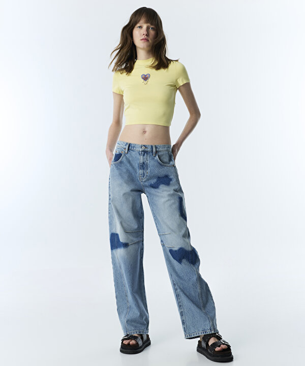 BASKILI BARREL FİT JEAN PANTOLON-TS1260018052629-İndigo-Jean Pantolon