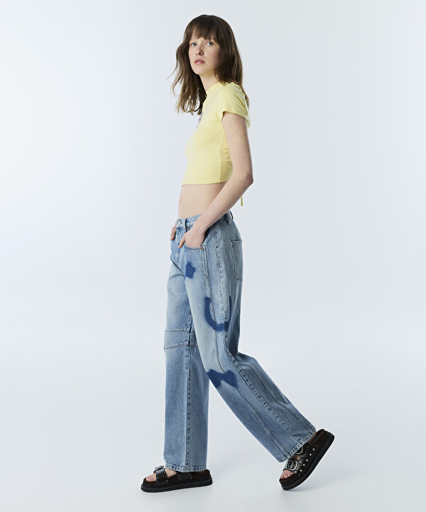 BASKILI BARREL FİT JEAN PANTOLON-TS1260018052629-İndigo-Jean Pantolon