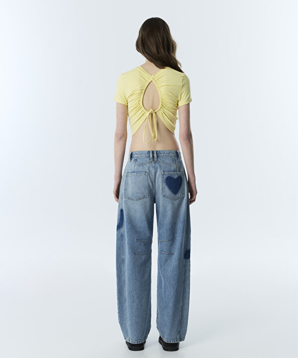 BASKILI BARREL FİT JEAN PANTOLON-TS1260018052629-İndigo-Jean Pantolon