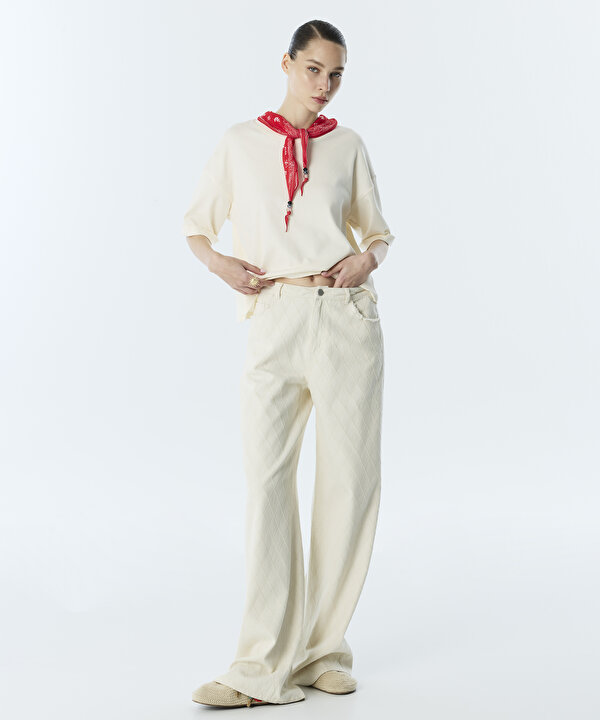 BAKLAVA DOKULU WIDE LEG JEAN PANTOLON-TS1260018054AB1-Yağ-Jean Pantolon