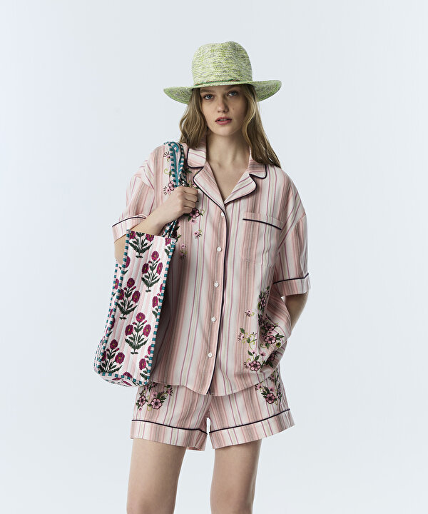 FLORAL NAKIŞLI ÇİZGİLİ GÖMLEK-TS1260025179033-Pembe-Gömlek