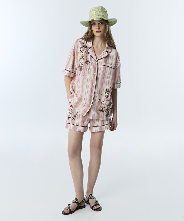 FLORAL NAKIŞLI ÇİZGİLİ GÖMLEK-TS1260025179033-Pembe-Gömlek