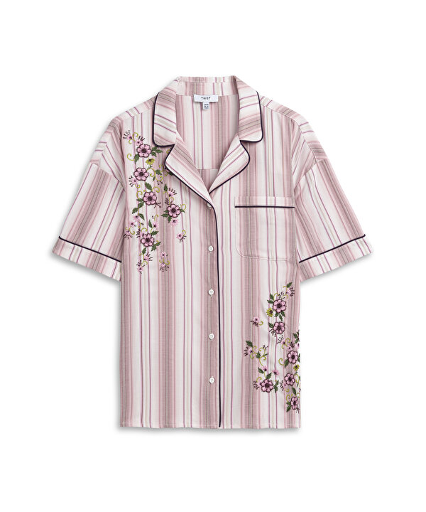 FLORAL NAKIŞLI ÇİZGİLİ GÖMLEK-TS1260025179033-Pembe-Gömlek