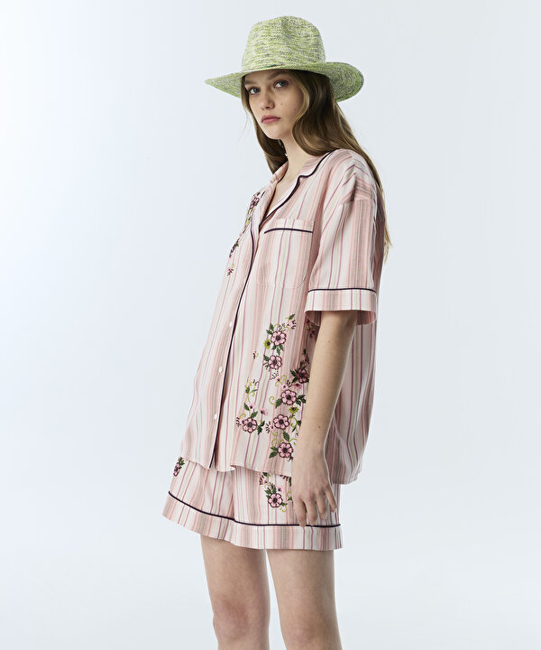 FLORAL NAKIŞLI ÇİZGİLİ GÖMLEK-TS1260025179033-Pembe-Gömlek
