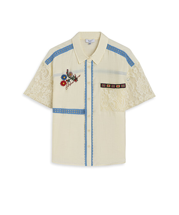 FLORAL BASKILI DANTEL MIX GÖMLEK-TS1260025181AD4-Açık Natürel-Gömlek