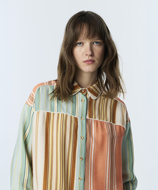 ÇİZGİLİ COLORBLOCK GÖMLEK-TS1260025182089-Mavi-Gömlek