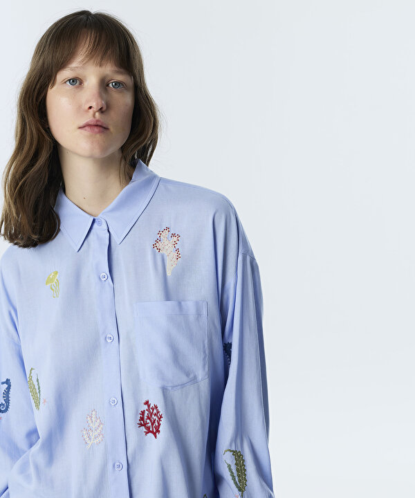 NAKIŞLI OVERSIZE GÖMLEK-TS1260025273089-Mavi-Gömlek