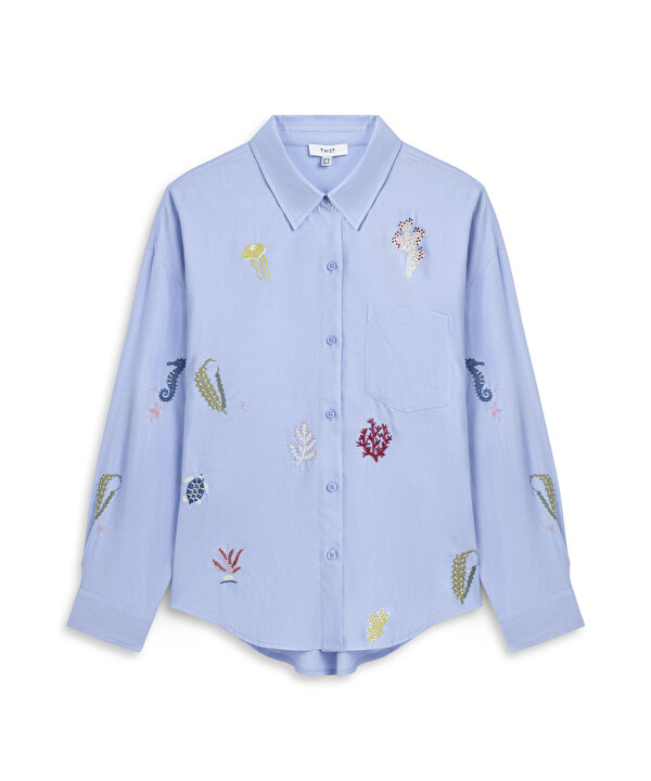 NAKIŞLI OVERSIZE GÖMLEK-TS1260025273089-Mavi-Gömlek