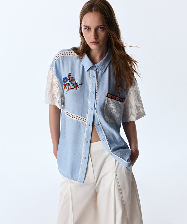 FLORAL BASKILI COLORBLOCK GÖMLEK-TS1260025386028-Açık Mavi-Gömlek