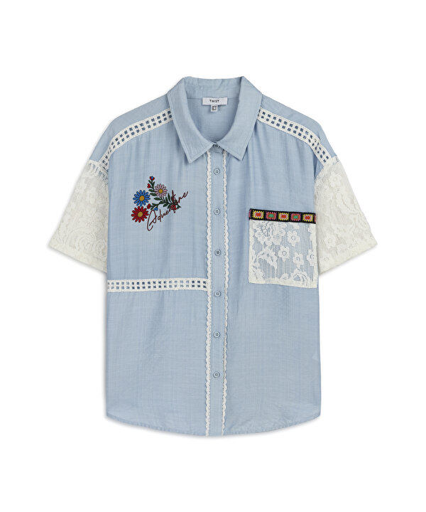 FLORAL BASKILI COLORBLOCK GÖMLEK-TS1260025386028-Açık Mavi-Gömlek