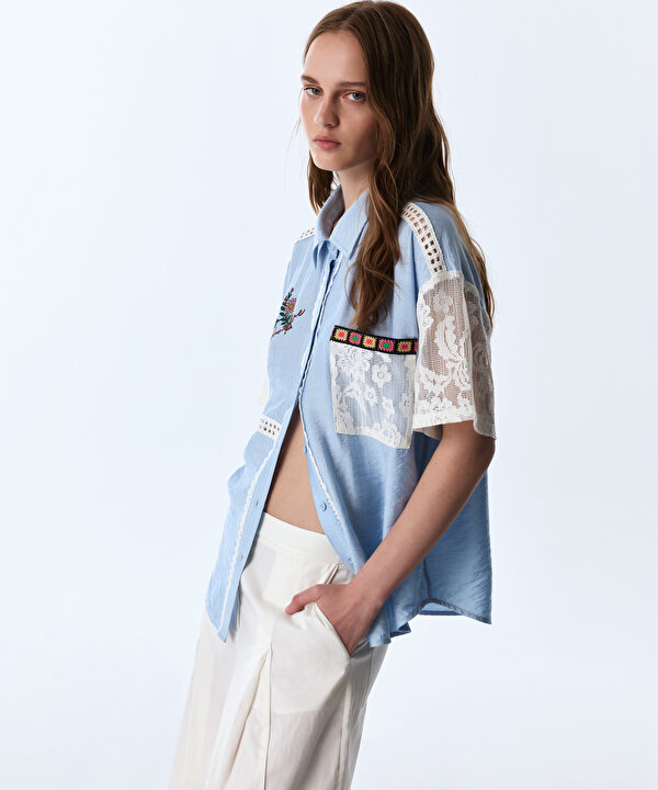 FLORAL BASKILI COLORBLOCK GÖMLEK-TS1260025386028-Açık Mavi-Gömlek