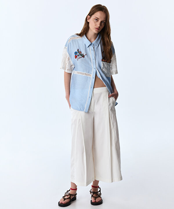 FLORAL BASKILI COLORBLOCK GÖMLEK-TS1260025386028-Açık Mavi-Gömlek