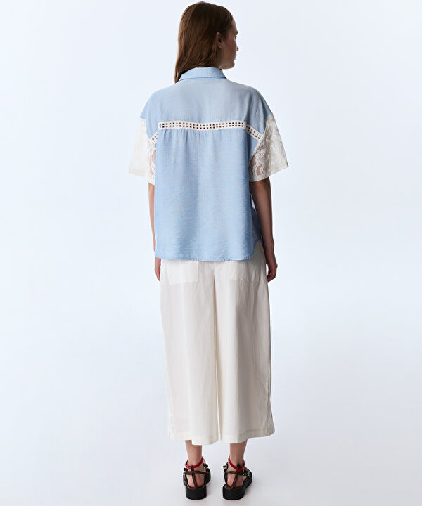 FLORAL BASKILI COLORBLOCK GÖMLEK-TS1260025386028-Açık Mavi-Gömlek