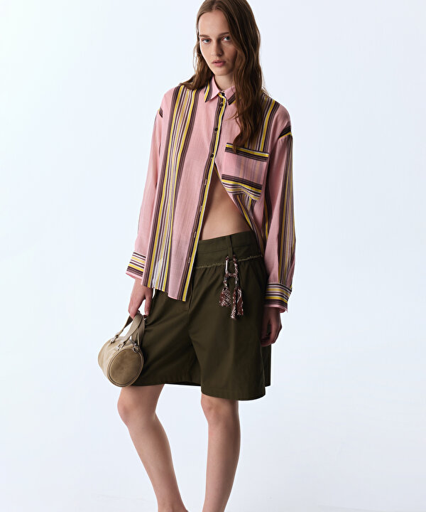 ÇİZGİ DESEN OVERSIZE GÖMLEK-TS1260025427033-Pembe-Gömlek