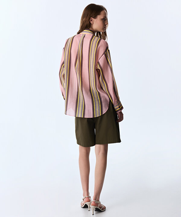 ÇİZGİ DESEN OVERSIZE GÖMLEK-TS1260025427033-Pembe-Gömlek