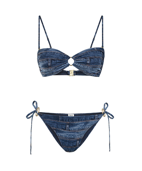 DENİM BASKILI BİKİNİ SETİ-TS1260038023015-Lacivert-Bikini Takımı