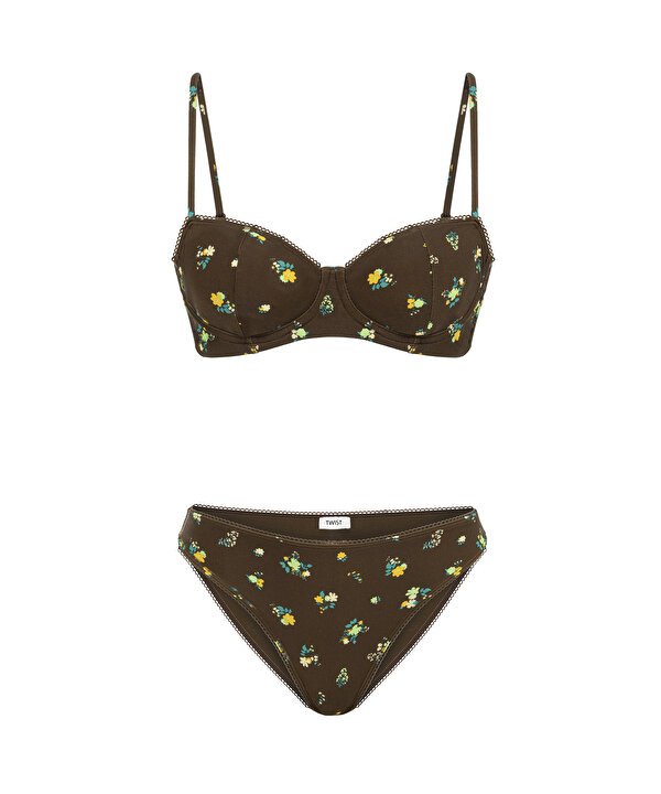 FLORAL BASKILI BİKİNİ SETİ-TS1260038027074-Kahverengi-Bikini Takımı