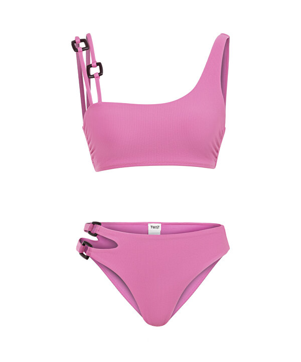 DOKULU ASİMETRİK KOL BİKİNİ SETİ-TS1260038034033-Pembe-Bikini Takımı