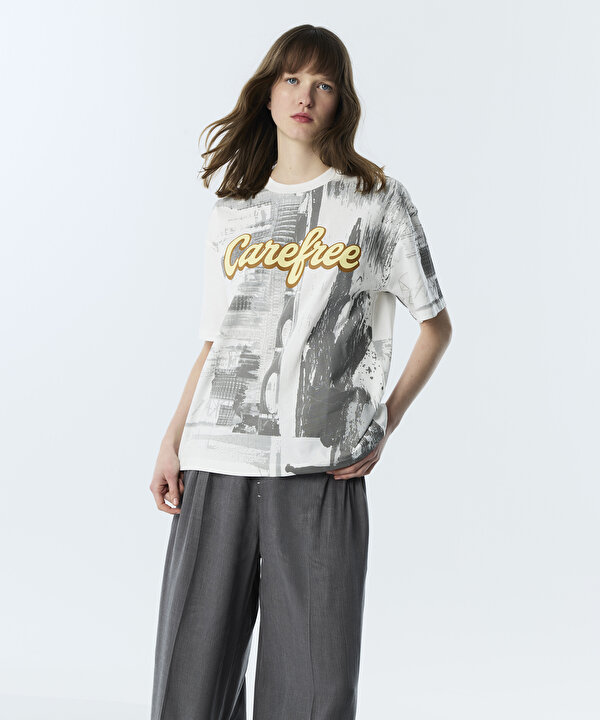 SLOGAN VE GÖRSEL BASKILI OVERSIZE TİŞÖRT-TS1260070227018-Ekru-Tişört